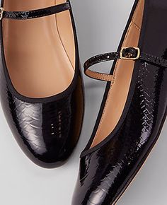 A modern update to a covetable classic, our patent mary jane flat steps up any ensemble. Round toe. Adjustable buckle at side vamp for secure fit. Padded footbed for complete comfort. 1/2" heel.,Imported:Imported,Fabrication:Leather Mary Jane Patent Ballet Flat by Ann Taylor Size regular - 9 Black Women's Flat, Flats, Footwear, Leather Womens Black Flats, Mary Jane Flats, Leather Mary Janes, Ballet Flat Shoes, Ballet Flat, Petite Fashion, New Shoes, Leather Fashion, Ballet Flats