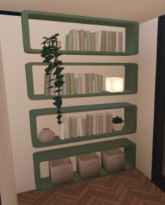 a room with bookshelves and plants on the wall