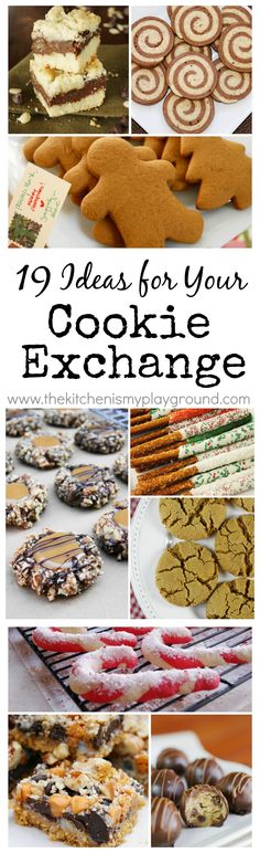 different types of cookies and pastries are shown with the words 9 ideas for your cookie exchange