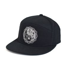 Metallic Silver Yin Yang Snapback Hat - Sacred Geometry Snapback - Festival HatThis black snapback hat features a large laser engraved faux leather patch with my hand drawn Yin Yang Mandala. The design is engraved into black faux leather revealing a shimmery metallic silver finish. This patch is attached to the snapback with a strong waterproof fabric glue. Snapback Style with a matching black under-bill Black Hip Hop Snapback Hat With Flat Brim, Hip Hop Black Fitted Hat With Flat Brim, Black Festival Hat, One Size, Black Hip Hop Baseball Cap With Flat Brim, Hip Hop Black Baseball Cap With Flat Brim, Hip Hop Style Black Baseball Cap With Flat Brim, Hip Hop Style Black Flat Brim Baseball Cap, Black Hip Hop Trucker Hat Flat Cap, Black Festival Hat One Size Fits Most