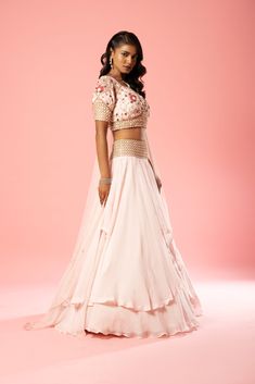 Featuring a baby pink coloured layered lehenga made of organza with intricate hand embroidery in blouse, belt and soft net dupatta. Pink Organza Choli With Dori Work, Pink Organza Lehenga With Cutdana, Pink Organza Choli With Cutdana, Pink Cutdana Organza Choli, Pink Organza Choli With Floral Embroidery, Pink Organza Sharara With Sheer Dupatta, Pink Organza Sets With Dori Work, Pink Organza Dress With Cutdana, Pink Floral Embroidered Organza Sets