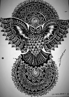 an owl with intricate patterns on it's body and wings is shown in black ink