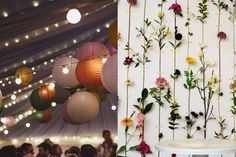 flowers and lights are hanging from the ceiling