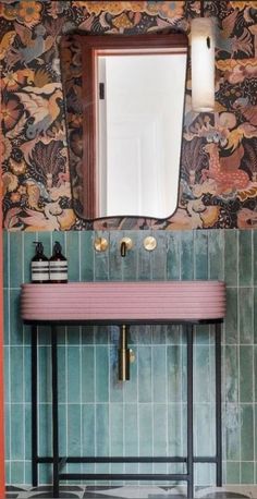 a sink and mirror in a room with colorful tiles on the walls, floor and ceiling