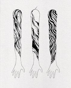 three black and white drawings of long, thin toothbrushes with wavy designs on them