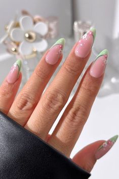 Abstract Nail Art French Tip, Oval Nails Summer Designs, Interesting French Tip Nails, Simple Nail Designs For Spring, White French Tip With Design, French Tip Art, Creative French Tip Nails, Pink And Green Nail Art, Aesthetic French Nails