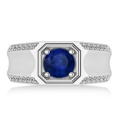 Style Number - AZ17044
This sidestone-accented blue sapphire engagement ring for men features a stunning 1.50ct round-cut blue sapphire set in a burnished setting that goes all the way around your finger. On either side of the centerstone are a row of 14 diamonds totaling 0.56ct. The diamonds featured in this ring are of bright G-H color and SI1-SI2 clarity, with the blue sapphire of eye-clean clarity.This modern 14k white gold ring has a polish finish on the sides. This men's ring is comfort-fi Formal Sapphire Ring With Center Stone, Lab-created Sapphire Ring With Channel Set, Engagement Ring For Men, Blue Sapphire Engagement Ring, Mens Engagement, Sapphire Engagement Ring Blue, Blue Sapphire Diamond, Engagement Rings For Men, 14k White Gold Ring