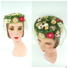 This Hat Features:  Mesh pillbox shaped body covered in colorful millinery flowers and green veiling  Label: None Hat Measurements: This style will fit most head sizes 21" - 24" * Condition: Excellent.  * This item is clean and ready to wear.  All sales are final.  Please use these measurements as a guide. When in doubt, measure a similarly styled hat that is comfortable and compare those measurements to these. If you have questions or want more pictures just ask! Please see my *policies* sectio Flower Headpiece For Garden Party, Vintage Spring Headband Headpiece, Green Spring Fascinator With Handmade Flowers, Green Fascinator With Handmade Flowers For Spring, Green Handmade Flowers Fascinator For Spring, Vintage Green Mini Hats For Spring, Vintage Green Mini Hats For Summer, Green Whimsical Mini Hat For Spring, Whimsical Green Mini Hat For Spring