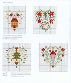 four cross stitch christmas designs on white paper