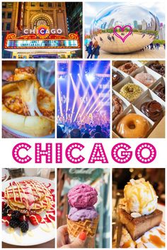 collage of photos with the words chicago in pink