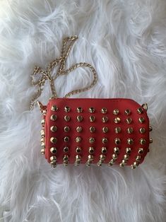 Faux Leather Gold Studs Should Bag Red Faux Leather Shoulder Bag With Zipper Closure, Red Faux Leather Shoulder Bag, Red Rectangular Faux Leather Bag, Red Faux Leather Bags With Adjustable Strap, Red Faux Leather Bag With Adjustable Strap, Trendy Leather Clutch With Zipper Closure, Faux Leather Shoulder Bag With Zipper For Party, Trendy Red Pouch Clutch, Trendy Red Pouch Bag