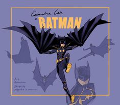 batman and batgirl in the style of an animated character with their arms spread out