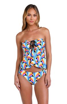 This bright print features a geometric pattern of colorful, interlocking crescent shapes creating a dynamic and playful appearance. Offering two looks in one glamorous design, this bandeau features an adjustable strap that ties around your neck for another look. Removable cups and a keyhole front ensure a comfortable and confident fit. [split] Details Bandeau tankini top Keyhole front Ties at neck Removable cups Adjustable, convertible straps Fabric 83% Nylon, 17% Lycra Elastane Bandeau Tankini Top, Bandeau Tankini, Crescent Shape, Hang Loose, Tankini Top, Crescent, Tankini, Convertible, Geometric Pattern