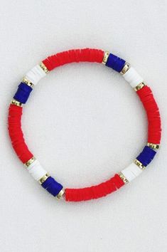 Multicolored Heishi rubber flat disc bracelet. Polymer soft clay disk beaded stretch bracelet. Memorial Day Bracelet Ideas, Clay Bead Bracelet Ideas With Charms, Clay Disk Bracelets Ideas, Red Clay Bracelet Ideas, Phillies Clay Bead Bracelet, Holiday Clay Bead Bracelet Ideas, Buffalo Bills Clay Bead Bracelet, Soft Clay Beads Bracelet Ideas, Patriotic Beaded Bracelets