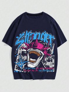 Men's Casual Print Short Sleeve Crewneck T-Shirt, Spring & Summer Navy Blue Casual  Short Sleeve Fabric Animal,Geometric,Halloween,Letter  Slight Stretch  Men Clothing, size features are:Bust: ,Length: ,Sleeve Length: Graffiti Print T-shirt For Halloween Streetwear, Blue Letter Print Top For Halloween, Halloween Blue Tops With Letter Print, Blue Halloween Tops With Letter Print, Blue Halloween Top With Letter Print, Blue Halloween Letter Print Tops, Punk Style Short Sleeve Tops With Cartoon Print, Halloween Graffiti Print Short Sleeve Tops, Punk Style T-shirt With Cartoon Print For Streetwear