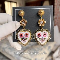 Earring Filigree Italian Florentine Micro Mosaic Jewelry Byzantine, Brass Glass Florence Italy Vintage Style Floral Round Gift Italy Heart - Etsy Elegant Enamel Heart Earrings For Gift, Elegant Heart Enamel Earrings For Gift, Handmade Heart-shaped Enamel Jewelry, Handmade Enamel Earrings For Wedding, Elegant Vintage Jewelry For Valentine's Day, Hand Painted Jewelry For Valentine's Day Gift, Decorative Brass Jewelry For Weddings, Antique Enamel Earrings As Gift, Antique Enamel Earrings For Gift