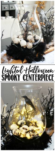 halloween spooky centerpiece with black feathers and white pumpkins in a glass vase