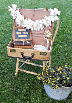 an open suitcase sitting on top of a grass covered field next to a potted plant