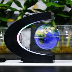 a blue and green globe sitting on top of a black stand in front of some plants