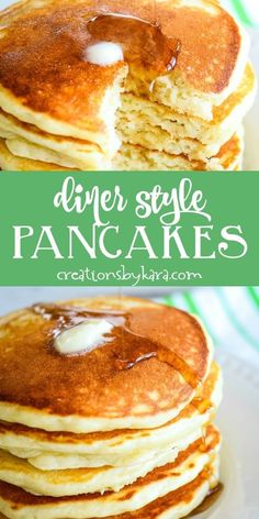 pancakes with butter and syrup are stacked on top of each other in front of the words, diner style pancakes