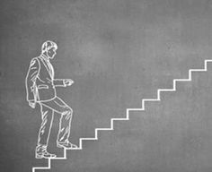 a drawing of a man standing on top of a set of stairs with his hand in his pocket