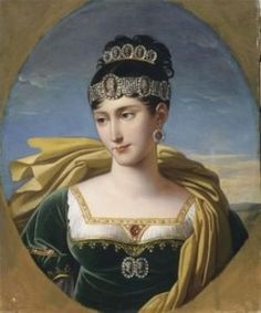 a portrait of a woman wearing a green dress and gold headdress, in an oval frame