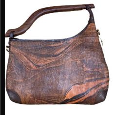 Beautiful Unique Classy Bag Made With Leather Trim, Tree Bark Body, Fabric Interior With Pockets And A Rosewood Handle Brown Everyday Bag With Single Handle, Brown Single Handle Bag For Everyday Use, Brown Hobo Shoulder Bag With Single Handle, Brown Leather Handheld Hobo Bag, Brown Hobo Bag With Single Handle, Brown Tote Hobo Bag With Single Handle, Brown Travel Satchel With Single Handle, Brown Single Handle Satchel For Travel, Brown Leather Handle Clutch Bag