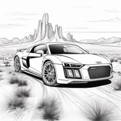 a car is driving through the desert with mountains in the background and grass on the ground