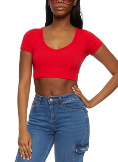 Ambiance, Short Sleeves, V-Neck, T-Shirt, Cropped Hem, Seamless, Solid, Ribbed Knit, Item Number 1305054265358 Stretch Seamless Low-cut Tops, Stretch Solid V-neck Crop Top, Solid Stretch V-neck Crop Top, Red Seamless Scoop Neck Top, Red Seamless V-neck Top, Casual Red Seamless Tops, Trendy Red Seamless Tops, Red Ribbed V-neck Top, Stretch Ribbed Red Top