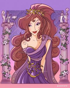 a drawing of a woman with long red hair wearing a purple dress and gold jewelry