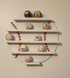 the baseballs are lined up on the wall