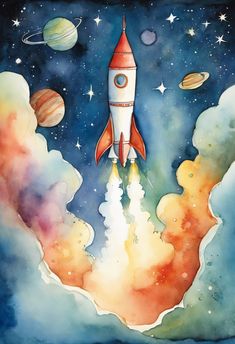 a watercolor painting of a rocket taking off into the sky with planets around it