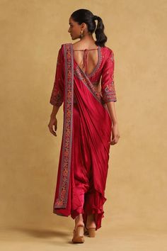 Pink pant saree in a draped silhouette. Comes with a blouse featuring thread floral embroidery with crystal embellishments and a dupatta. - Aza Fashions Pant Saree, Drape Sarees, Buy Designer Sarees Online, Drape Pants, Ritu Kumar, Ruffle Saree, Designer Sarees Online, Green Saree, Blouse For Women