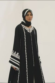 Imaan – Sania Maskatiya International Festive Elegant Abaya With Floral Embroidery, Elegant Black Abaya With Floral Embroidery, Black Abaya With Floral Embroidery, Elegant Long Sleeve Georgette Abaya, Black Long Sleeve Georgette Dress, Traditional Black Abaya With Floral Embroidery, Elegant Evening Abaya With Resham Embroidery, Black Silk Sets For Evening, Long Sleeve Georgette Dress With Embroidered Border