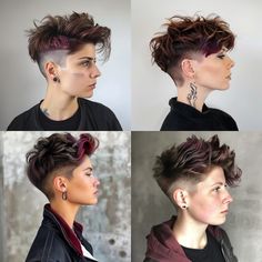 AI Generated image of a professional style salon photo showing ash brown maroon short hair with shaved sides in an androgynous style. Shaved On Sides Long On Top, Shaved One Side Hairstyles Short, Shaved Sides Curly Top, Shaved Sides Short Hair Women, Short In Back Long In Front Hairstyles, Sidecut Short Hair, Maroon Short Hair, Short Androgynous Hair, Androgynous Short Hair