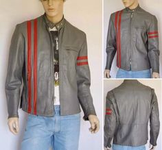 "RARE - Vintage 1970's Men's Leather Cafe Racer Motorcycle Jacket Thick Gray leather with red stripes. Heavy duty zipper and snaps at the neck- very well made. three zippered pockets on the front and zippers on the cuffs of the sleeves. Fully lined. Has that iconic look all you guys are looking for and made by Sears, they were a great brand back then. Condition: Was Professionally Cleaned and conditioned, does have a patina to the leather from age and wear. See pics for all details. Brand: Sears Retro Fitted Leather Jacket, Vintage Red Leather Biker Jacket, Retro Red Winter Biker Jacket, Red Retro Long Sleeve Biker Jacket, Retro Red Fitted Biker Jacket, Retro Fitted Red Biker Jacket, Band Jacket, Racer Motorcycle, Moto Biker Jacket