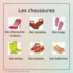 a poster with different types of shoes and their names in french, including the words les chaussures