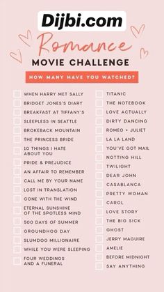 a list with the words romance movie challenge on it