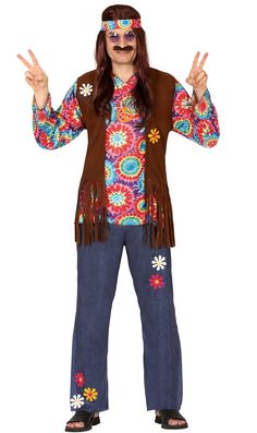 a man dressed up as a hippie with his hands in the air while standing