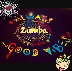 the word zumba is written in bright lights and fireworks behind it are pictures of people