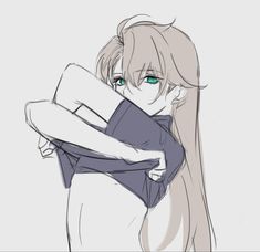 a drawing of a girl with long hair and green eyes holding onto her arm,