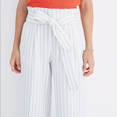 Made Of A Breezy Blend Of Linen And Cotton, These Swingy Striped Wide-Leg Pants Have A Matching Tie At The Waist That Gives 'Em A Little Extra Oomph. Polished Enough To Wear To Work, With A Pull-On Waistband To Make Them Pajamas-Level Comfy (Score, In Other Words). Sit Above Hip, Fitted Through Hip With A Slim Leg. Front Rise: 12 1/4"; Inseam: 24"; Leg Opening For Size Xs: 21". 55% Linen/45% Cotton. Machine Wash. Cotton Bottoms With Pockets For Brunch, White Bottoms With Elastic Waistband For Brunch, Chic Cotton Pants For Brunch, High Waist Cotton Bottoms For Brunch, White Bottoms With Tie Waist For Day Out, White Cotton Pants With Tie Waist, White Trousers With Tie Waist, White Workwear Pants With Tie Waist, White Tie Waist Bottoms For Daywear