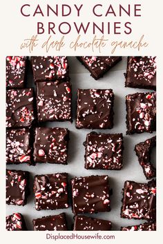 chocolate candy cane brownies with sprinkles on top and text overlay