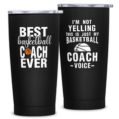 two black tumblers with the words best basketball coach ever on them