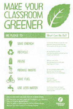 a green flyer with instructions on how to make your classroom greener look like it's growing