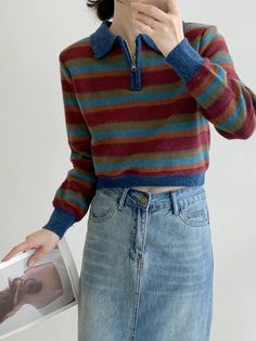 Cropped knitted sweater with a zip-up polo collar and cozy autumnal multicolored stripes. S/M: 15" across shoulders, 37" chest, 17" length Blue Striped Sweater Outfit, Cropped Knitted Sweater, Striped Sweater Outfit, Polo Sweater, Overall Dress, Striped Sweater, Sweater Blouse, Polo Collar, Cardigan Jacket