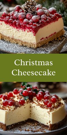 christmas cheesecake with cranberry toppings and pine cones on the top is shown