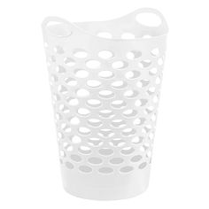 a white trash can with holes on the front and bottom, sitting against a white background