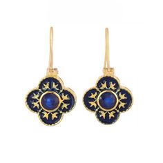 Blue Sapphire Vermeil 14K Gold Over Sterling Silver Art Deco Enameled Earring 925 Silver = 4.25 gm. Blue Sapphire = 0.70 ct. Blue Sapphire is the birthstone for September and is a symbol of heaven. The beautiful earring measures to be 1.10 inches long including the wire and 0.60 inches wide at its maximum points. The earrings have been made by a team of highly trained and skilled artisans. What is Vermeil 14K Gold? It is a thick layer of 14K Gold plating on 925 Sterling Silver. If for any reason Blue Jewelry With Black Enamel For Formal Occasions, Blue Polished Drop Earrings, Blue Drop Earrings With Polished Finish, Classic Gold Enamel Earrings, Yellow Gold Round Enamel Earrings, Fine Jewelry Yellow Gold Enamel Earrings, Blue Enamel Jewelry With Polished Finish, Classic Blue Enamel Jewelry, Black Enamel Earrings For Gift, Fine Jewelry