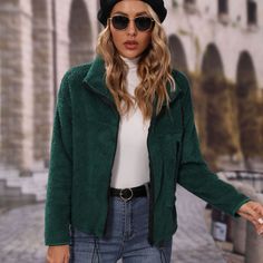 Women's Round Neck Adjustable Rope Zipper Plush Casual Jacket - blackish green,XL Drawstring Neckline, Versatile Jacket, Teddy Jacket, Drop Shoulder Sweaters, Distressed Denim Jacket, Zipper Jacket, Drawstring Hoodie, Drawstring Shorts, Green Jacket